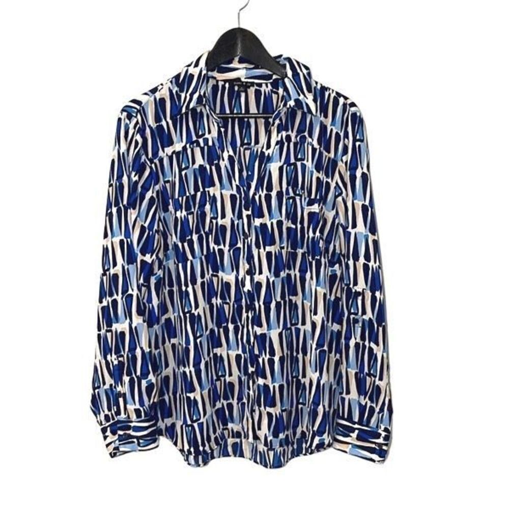 Sami & Jo Womens Button Down Shirt Long Sleeve Top‎ Geometric Abstract Blue XL